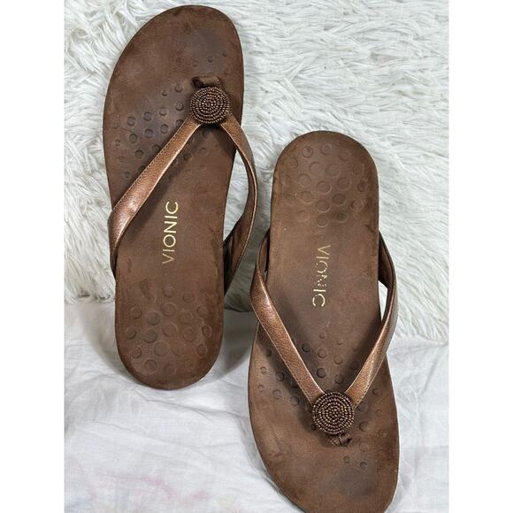 Vionic Felipa Brown Leather Slide Comfort Flip Flop Sandals Shoes Women's 10 M - Picture 1 of 7